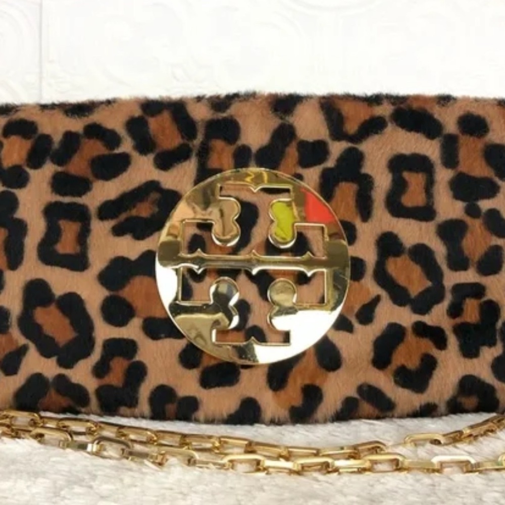 Tory Burch Reva Clutch Leopard Print with gold accents and chain